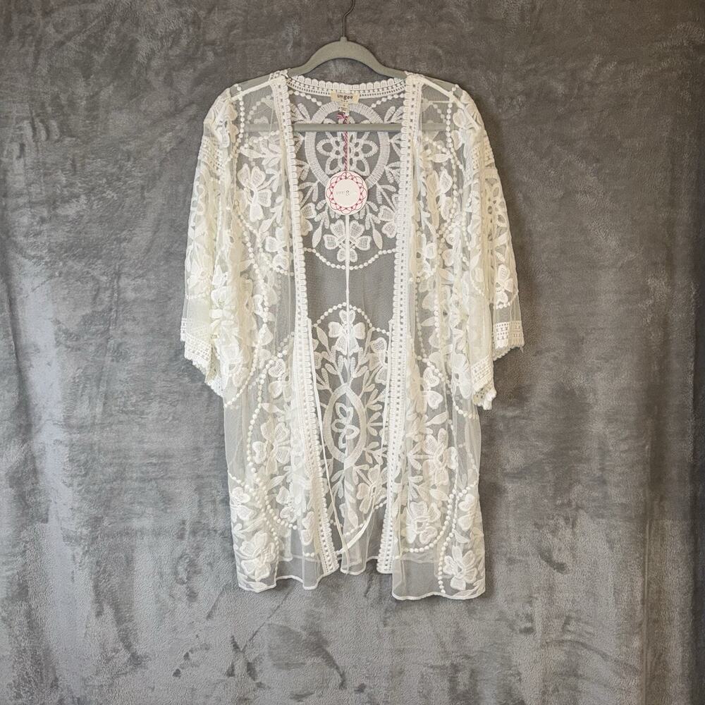 Umgee White Sheer Floral Lace Kimono SZ Small Boho Festival Cover Up NWT